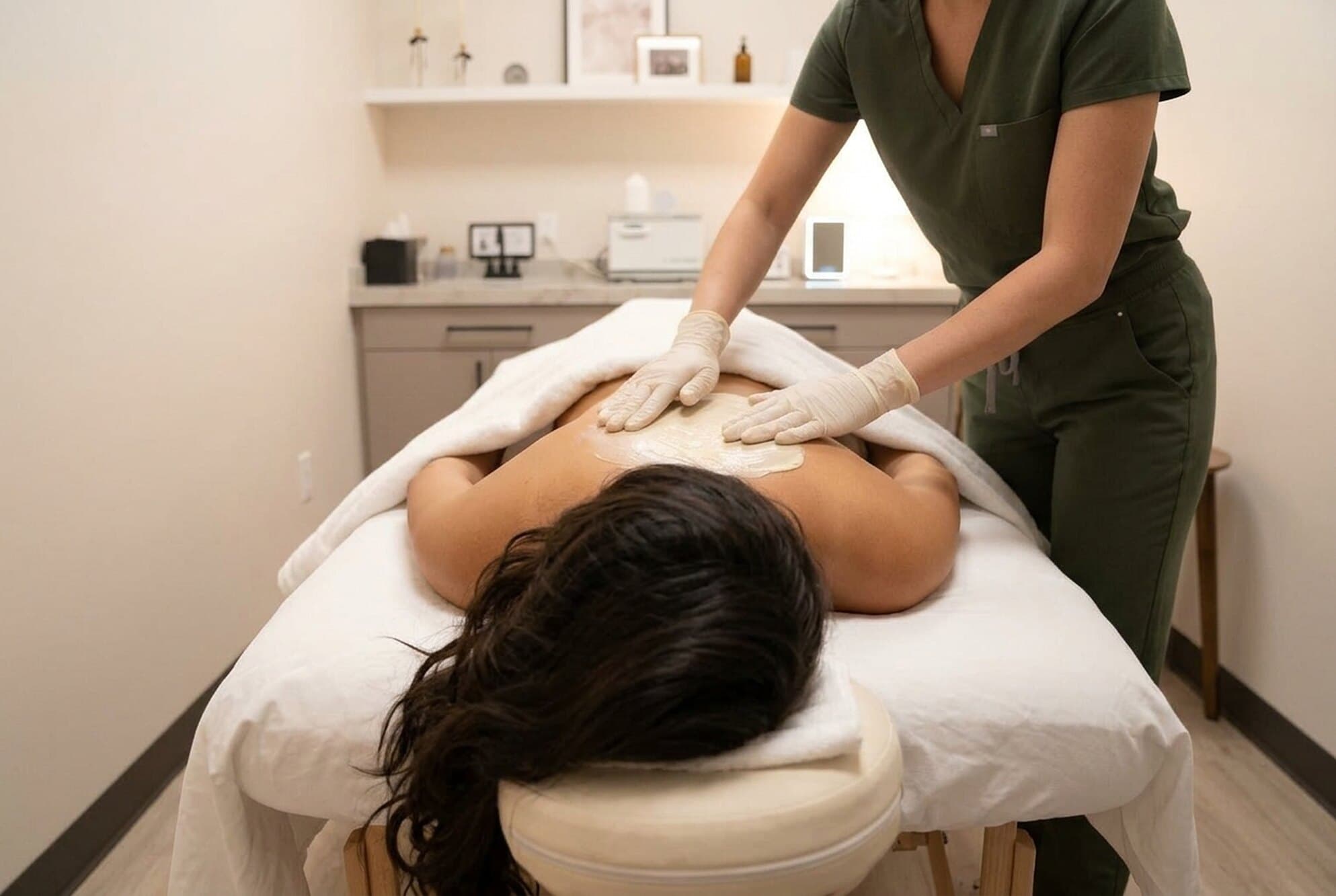 Two gloved hands smoothing a mask over a draped upper back in the treatment room