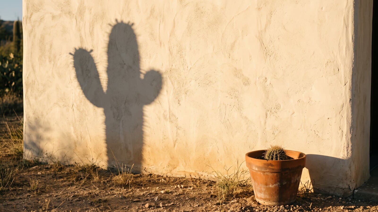 Low desert sun raking a warm plaster wall, the crisp shadow of a saguaro falling across it above a terracotta pot with a small desert plant.