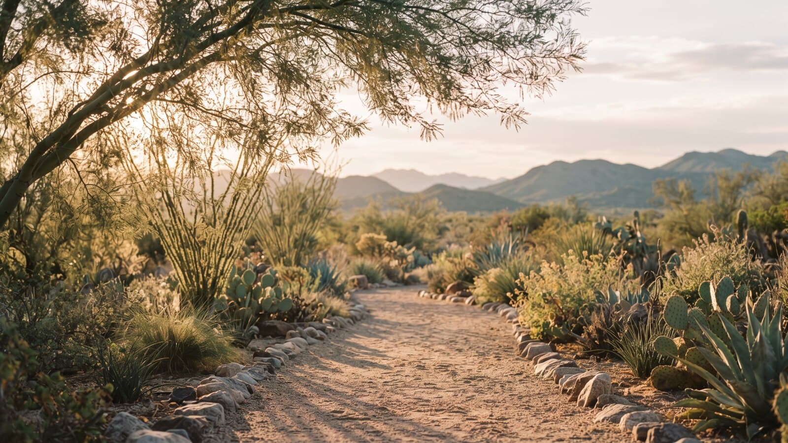 Golden-hour light through palo verde branches onto a quiet gravel path, long soft shadows reaching toward distant desert hills.