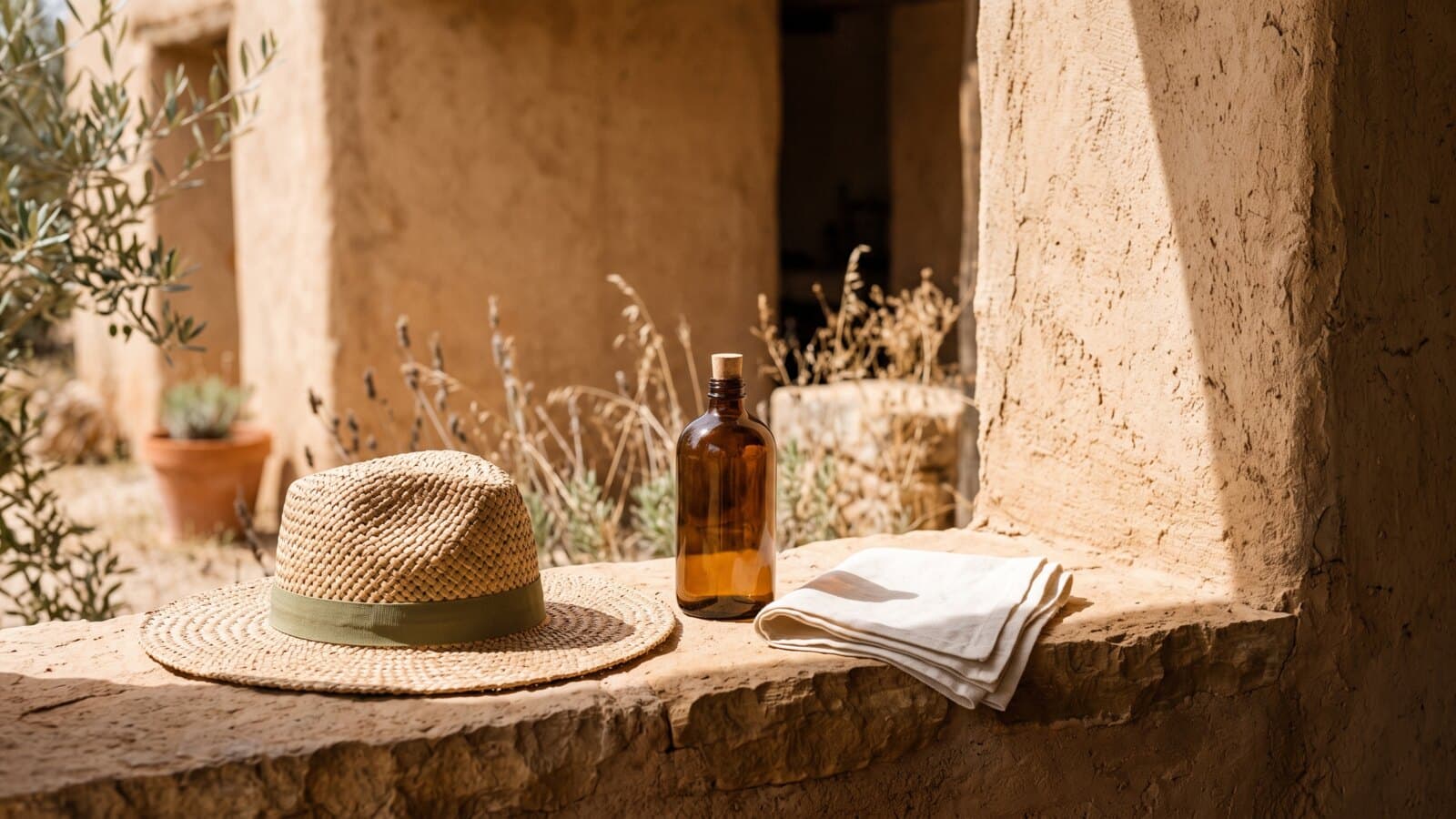A wide-brimmed straw hat and an unlabeled amber bottle on a stone ledge in open shade, bright sun falling on the wall beyond the shade line.