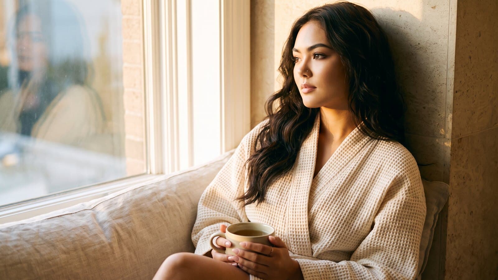 A woman in a cream waffle robe seated by a large sunlit window, hands around a cup of tea, dark wavy hair loose over covered shoulders.