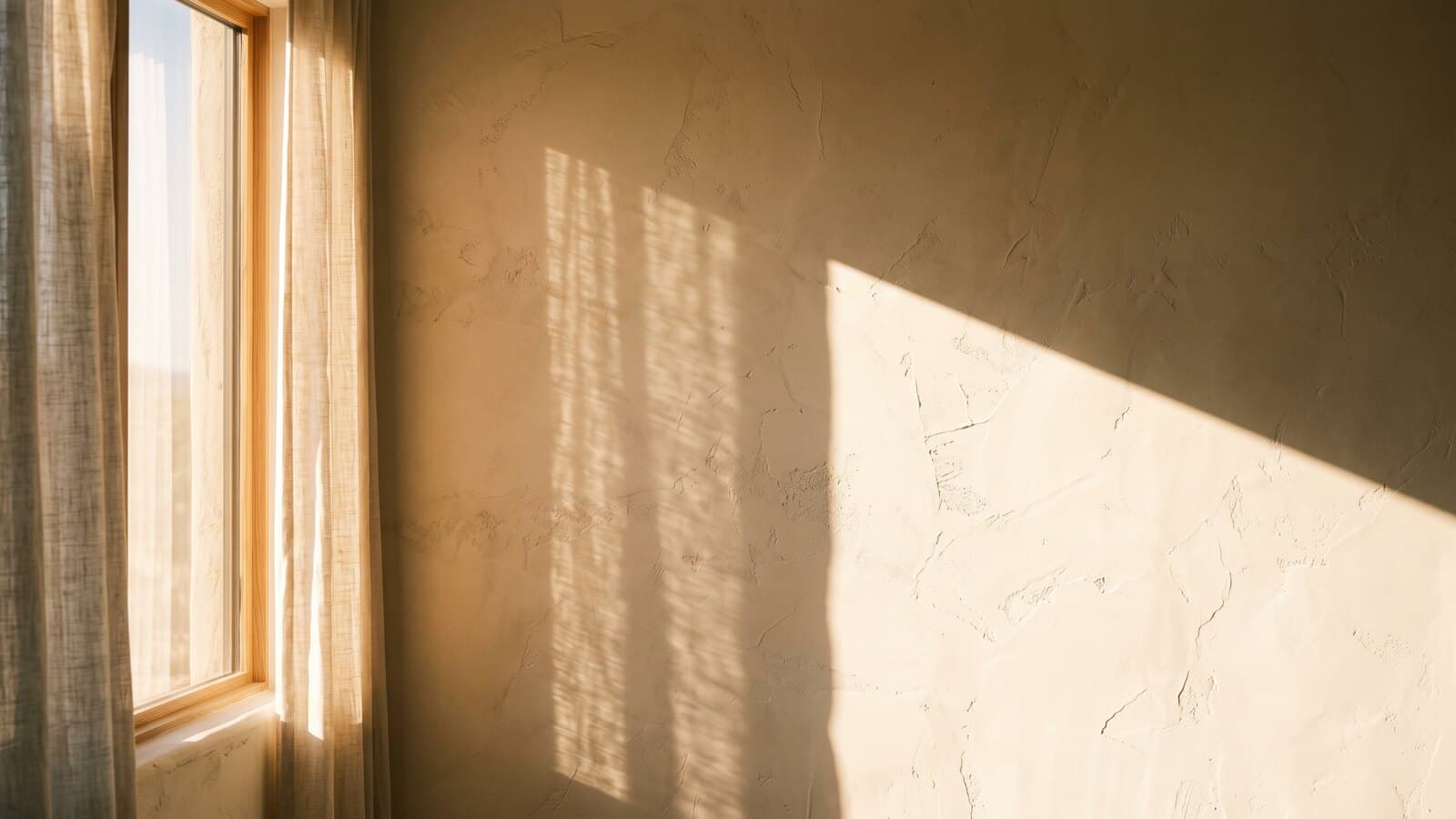Morning light through a sheer curtain falling on a warm plaster wall, part diffused into a soft wash and part landing as one crisp-edged blade.