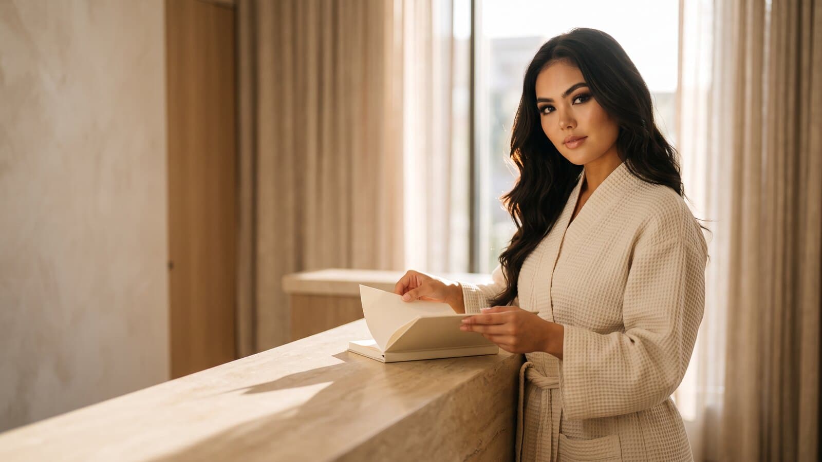 A woman in a cream robe at a warm stone reception counter, turning a page of a cream notebook in soft afternoon light.