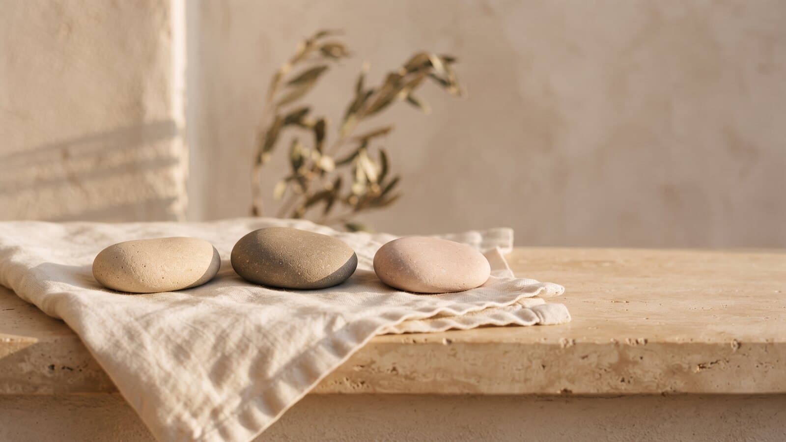 Three smooth river stones in pale sand, warm gray and blush, resting in a line on a folded cream towel in low side light.