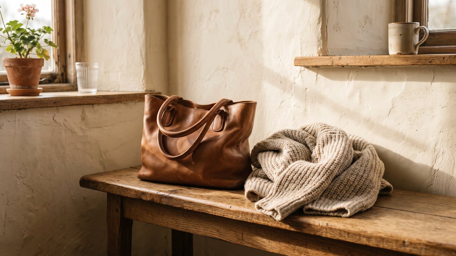 A soft leather tote and a folded cardigan resting on a warm oak bench against a cream wall in raking morning light.