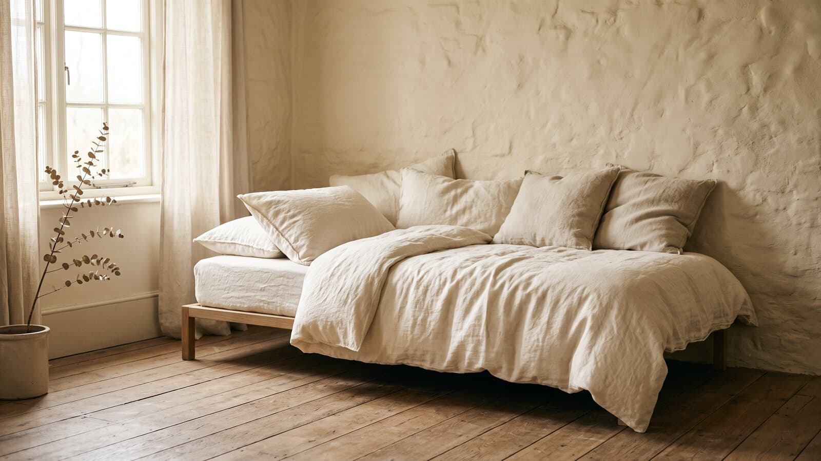 A daybed made up with cream linen in a softly lit, otherwise empty room, window light falling from the left.