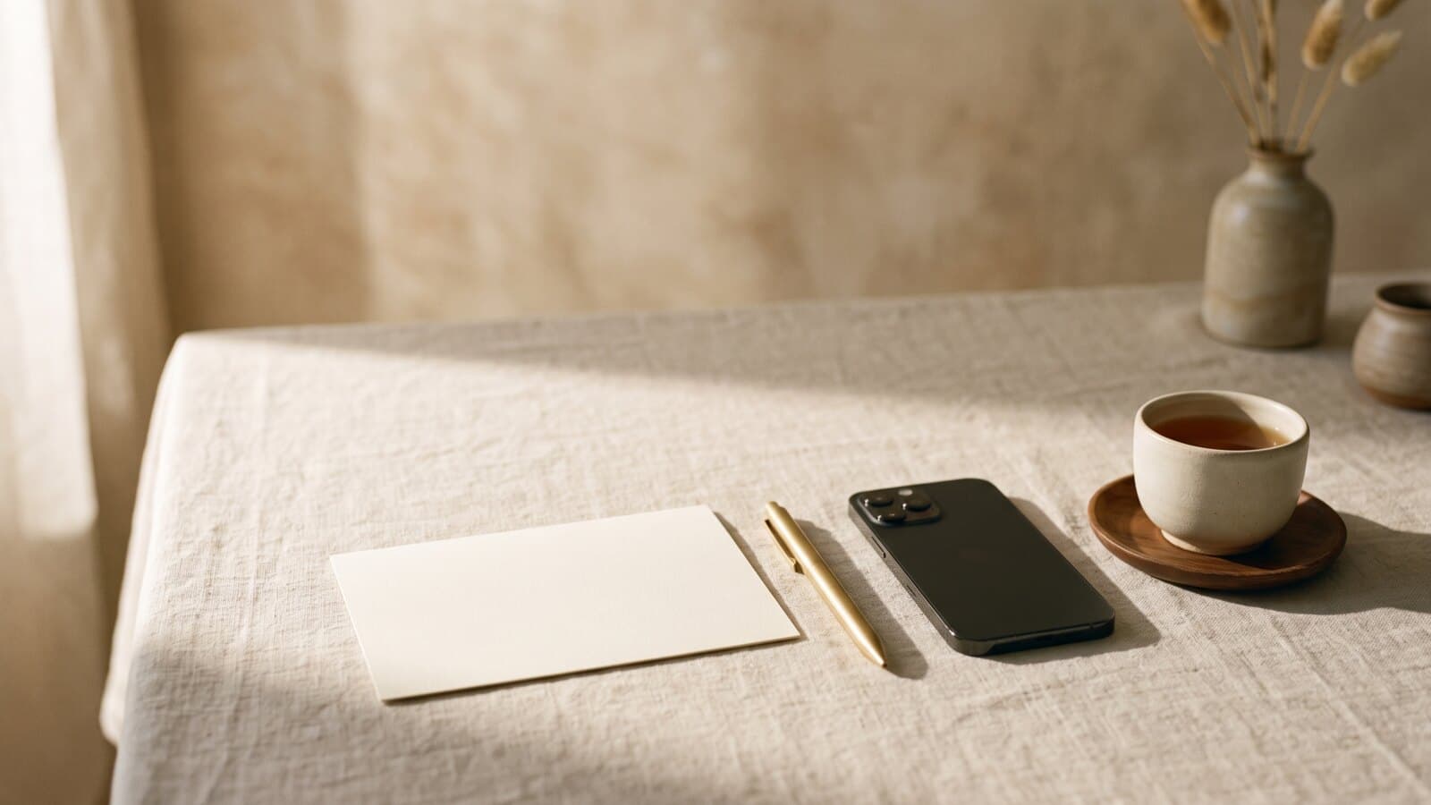A blank cream card and a brass pen on pale linen in low morning light, a phone face down and a small ceramic cup beside them.