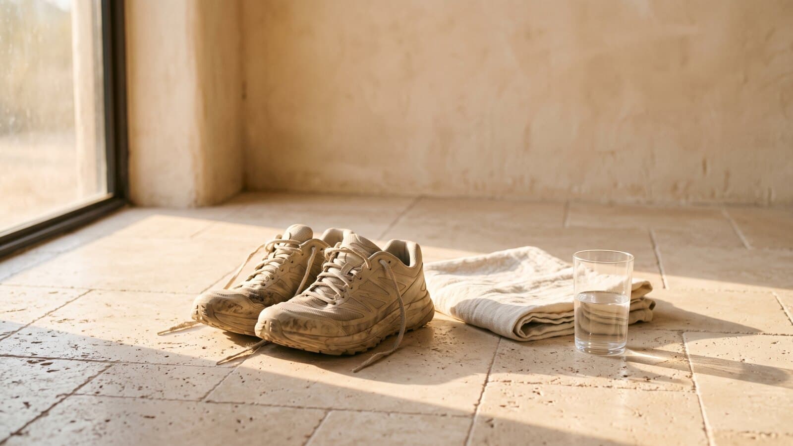 A pair of worn neutral running shoes on a pale stone floor beside a folded linen towel and a glass of water, in low early sunlight from a tall window.