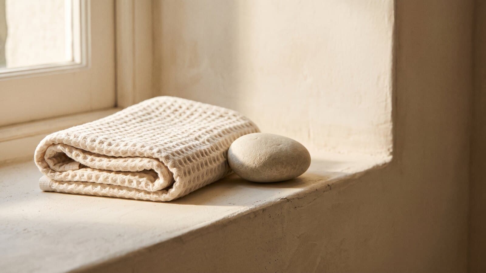 A folded cream waffle towel and a smooth pale stone on a warm plaster ledge in soft morning light.