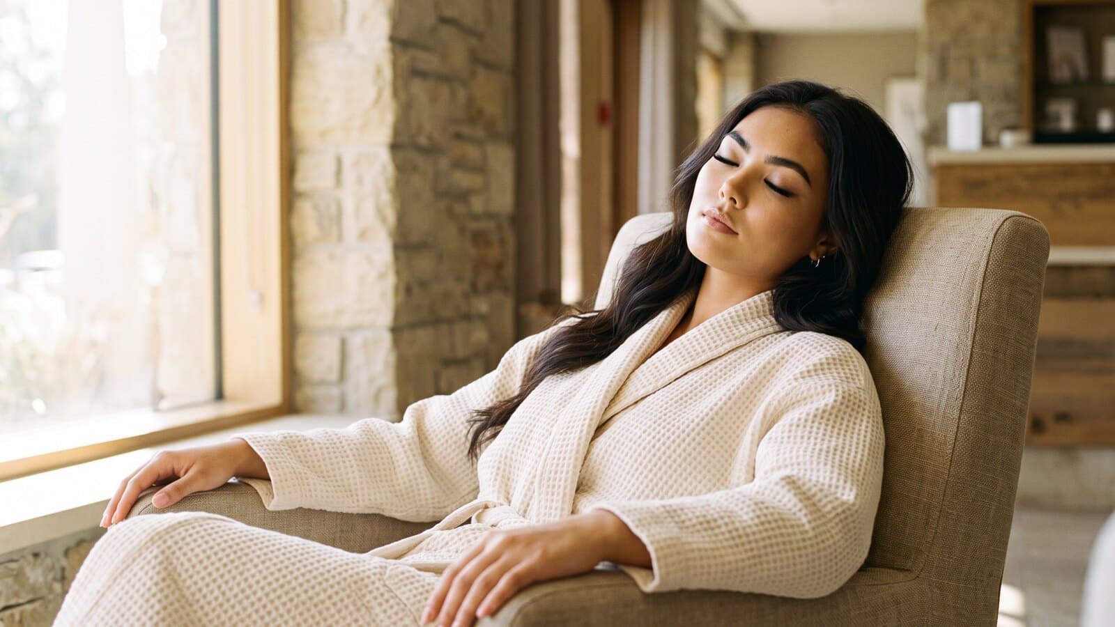 A woman in a cream waffle robe resting in an armchair beside a sunlit window, eyes closed, dark wavy hair loose over covered shoulders.