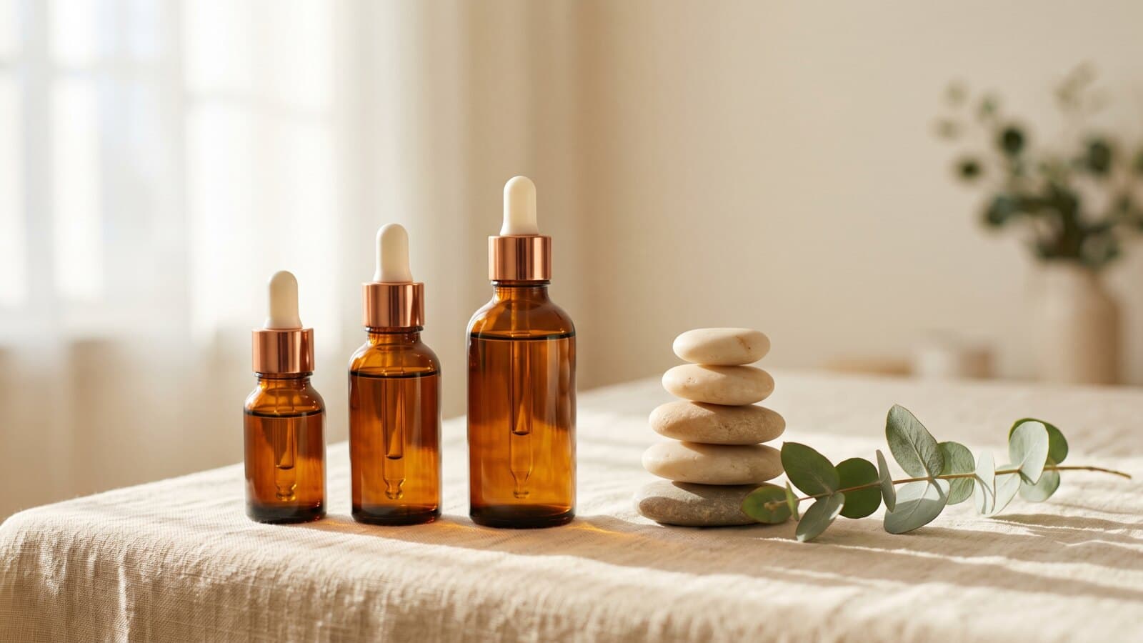 Three unlabeled amber glass bottles arranged small to large on cream linen beside smooth stones, in soft morning light.