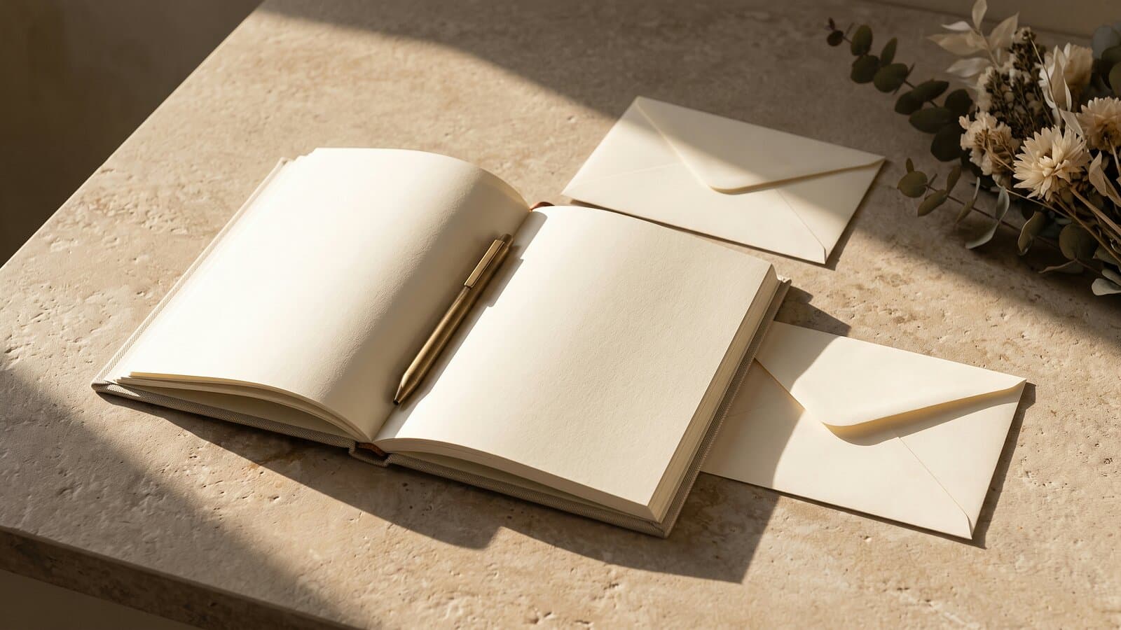 A linen-bound planner lying open on warm stone in early morning light, a slim brass pen across its blank page, with cream envelopes and dried eucalyptus at the edge of the frame.