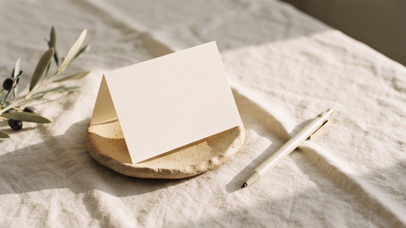 A blank folded cream card resting against a small stone dish on linen, a slim pen beside it, in soft morning light.