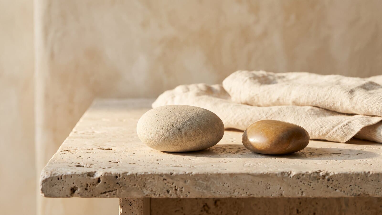 Two smooth river stones, one pale and matte and one warm and polished, resting apart on a travertine ledge in low side light.