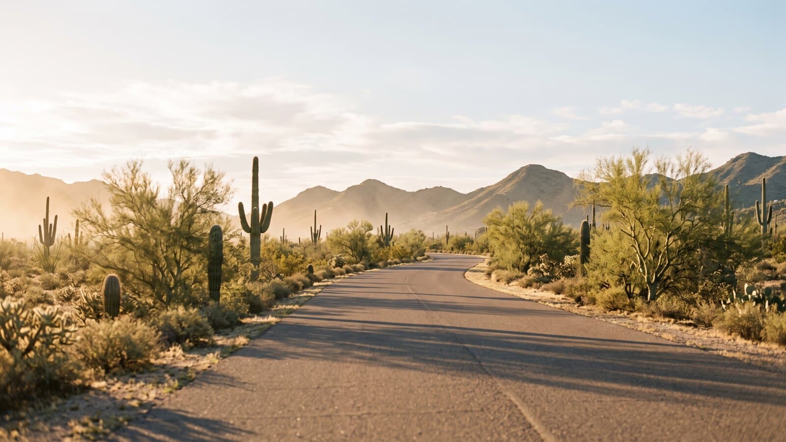 An empty desert road curving through saguaro and palo verde toward low mountains in early morning light, long shadows across the pavement.