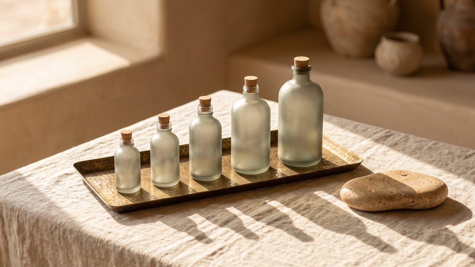 Five unlabeled frosted glass bottles arranged small to large on a brass tray over cream linen, long morning shadows falling across the cloth.