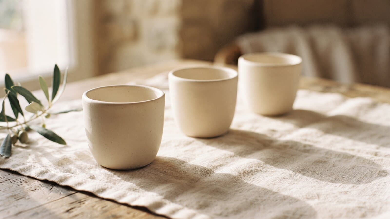 Three matching small cream ceramic cups in a row on linen, each casting a long soft shadow in low morning light.