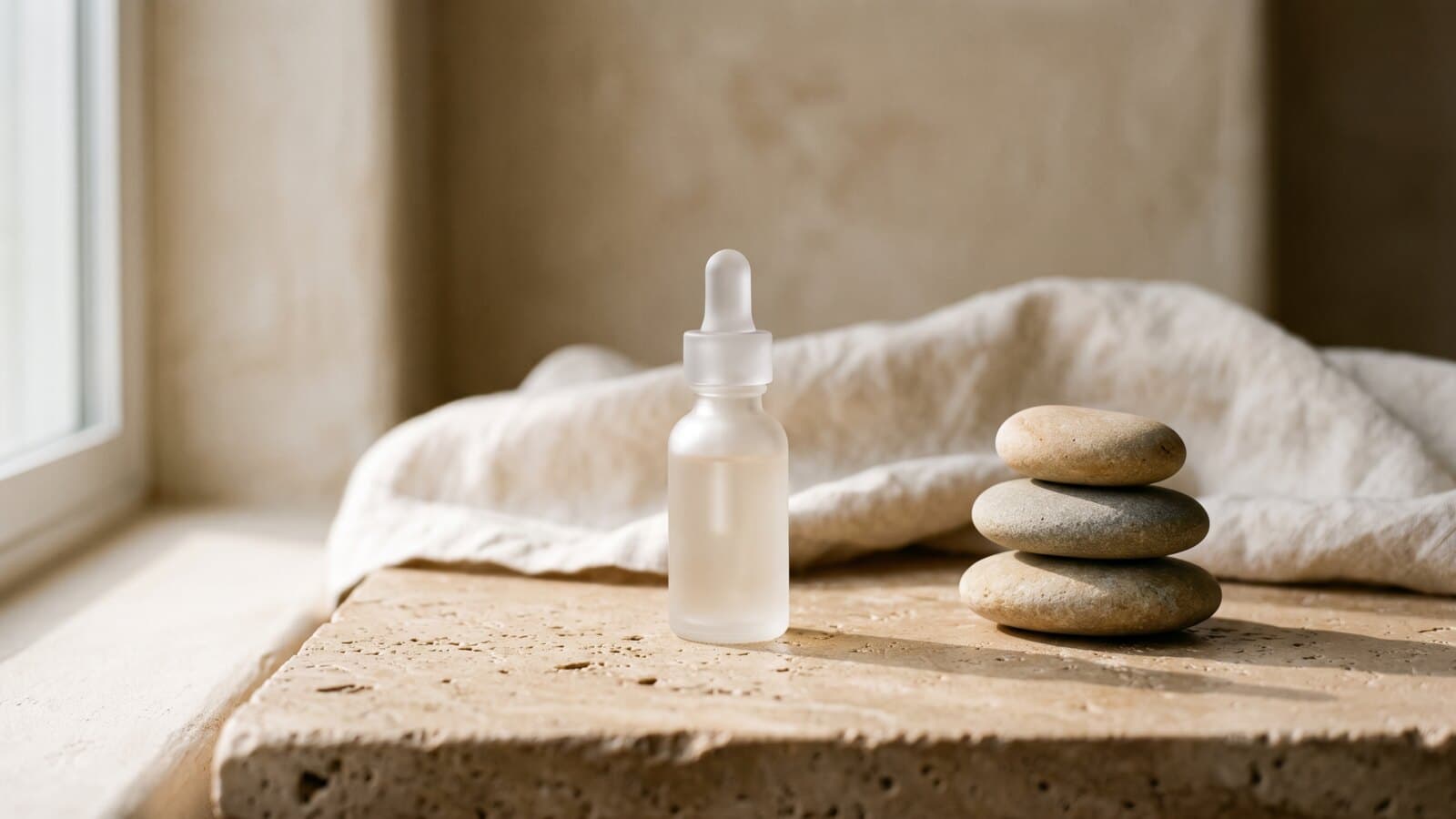 A single unlabeled frosted-glass serum bottle on a warm stone ledge in low side light, beside three stacked pale stones.