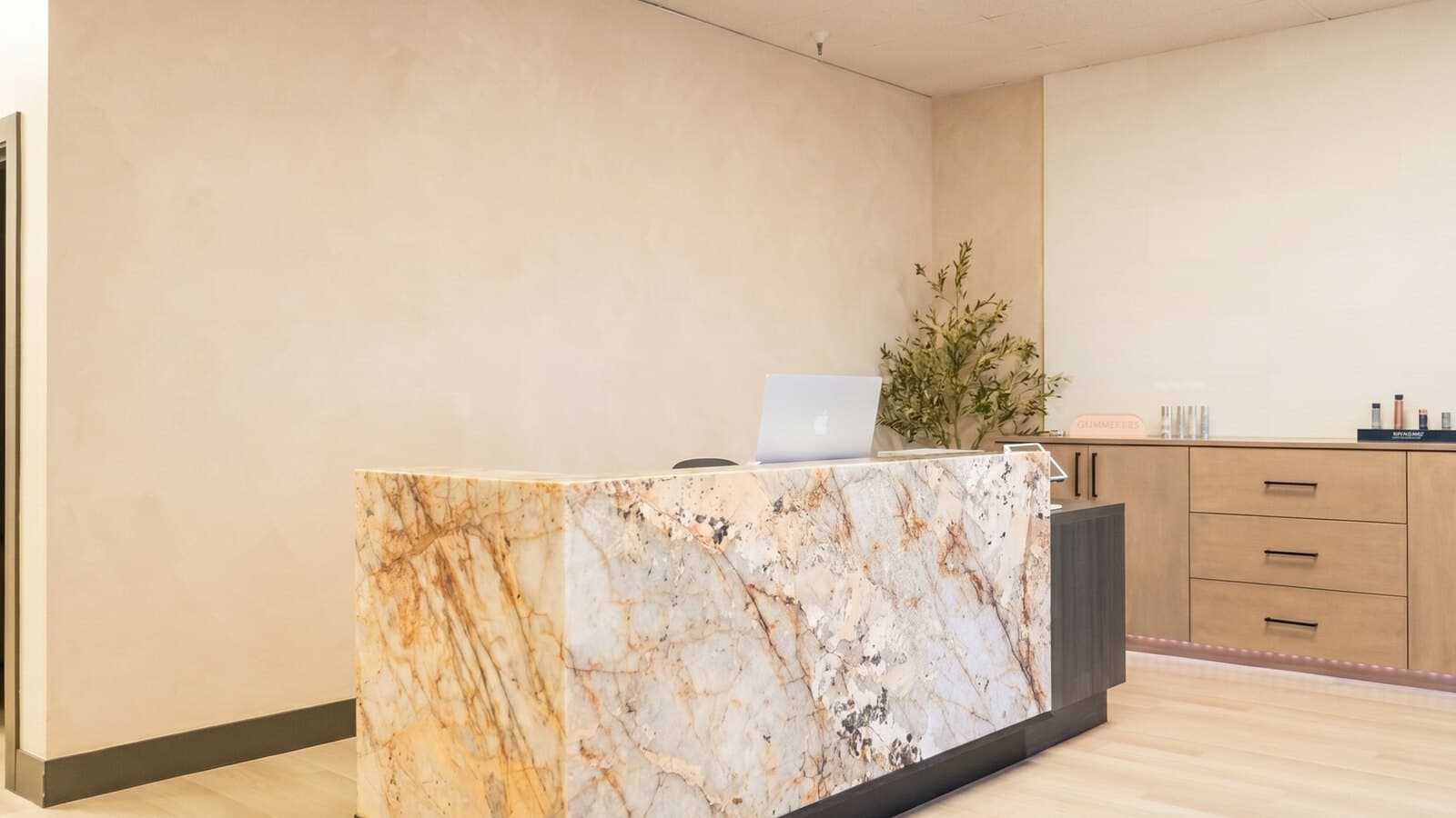 The reception at éclat Spa & Wellness: a marble-front desk with a laptop, an olive tree behind it, and warm plaster walls.