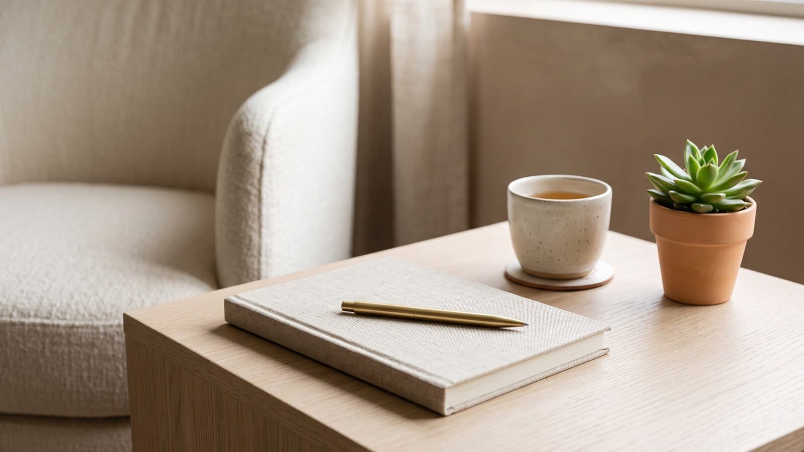 A closed linen notebook with a brass pen and a ceramic cup on a wooden side table, a cream chair softly blurred behind.