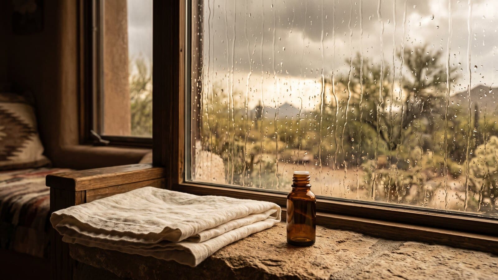 Rain streaking down a window pane in warm storm light, with a folded cream linen towel and a small amber glass bottle resting on the stone sill inside.