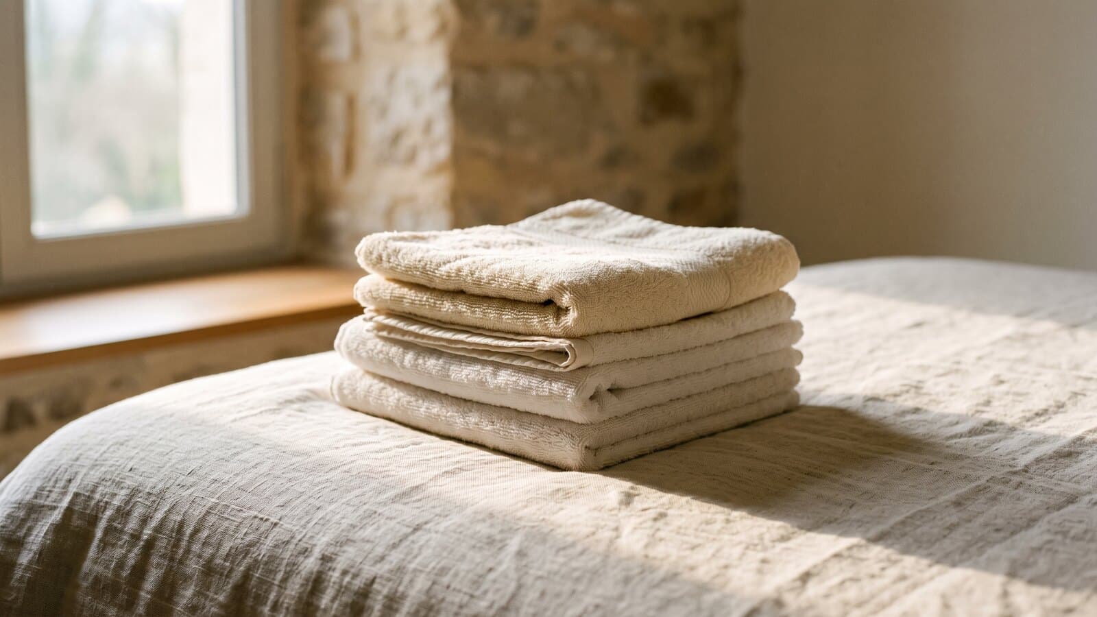 A small stack of freshly folded cream towels on pale linen in soft window light.