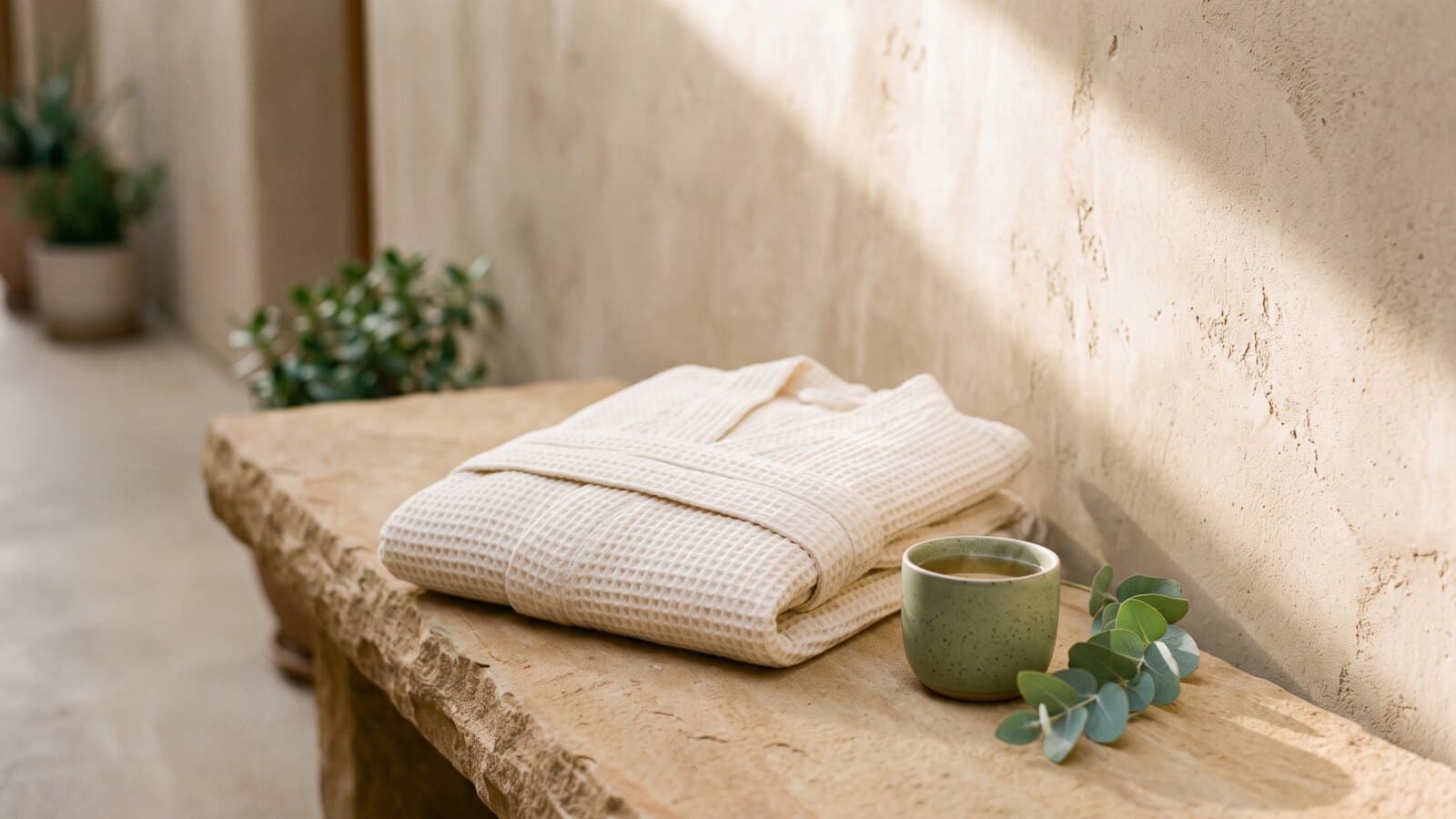 A folded cream waffle robe on a stone bench beside a ceramic cup of tea and a sprig of eucalyptus, morning light raking the plaster wall behind.