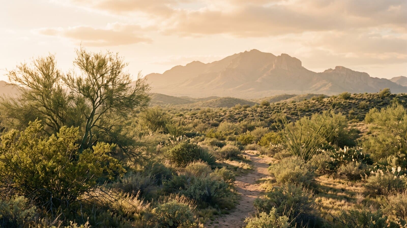 A desert mountain soft in golden-hour haze beyond low scrub and palo verde, long shadows stretching across the foreground.