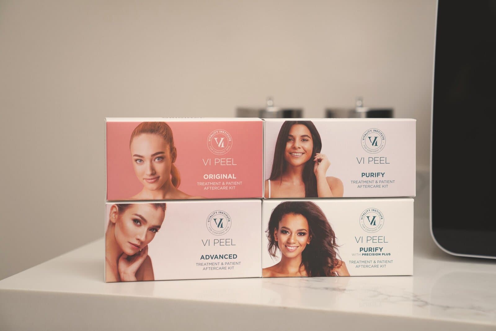 VI Peel boxes lined up on the treatment-room counter